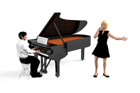 Pianist sits and plays the piano and a girl with a microphone is standing next to him and sings - isolated on white background - 3D illustrationの写真素材