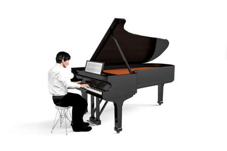 Pianist sitting and playing the piano - young man playing the piano - isolated on white background - 3d illustrationの写真素材