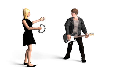Boy stands and plays guitar, girl stands beside and plays tambourine - both of them are looking at each other - isolated on white background - 3D Illustrationの写真素材