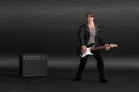 A boy stands and plays an electric guitar connected to an amplifier - isolated on a black gradient background - 3d illustrationの写真素材