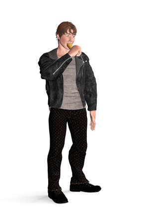 Portrait of a man eating a hot dog - Young man in leather stands and eats a hot dog - isolated on white background - 3D Illustrationの写真素材