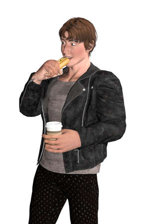 Portrait of a man eating a hot dog - a young man in a leather stands and eats a hot dog and in his left hand he holds a plastic cup with coffee - isolated on white - 3D Illustrationの写真素材