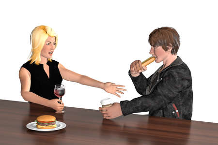 A boy with a girl at the bar table - he is eating a hotdog and she has a hamburger on the table and a glass of wine in her hand - they both are talking - isolated on white - 3d illustrationの写真素材
