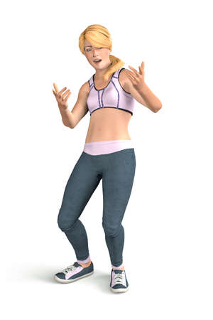 Portrait of a young girl in a fitness outfit - the girl has blonde hair and shows the pointing gesture with her hands - isolated on white background - 3d illustrationの写真素材