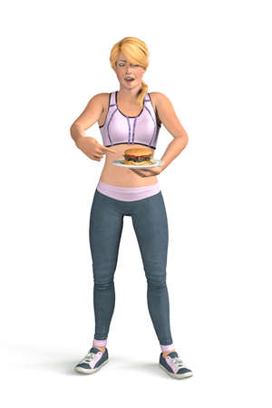 A young blond girl in a fitness outfit is standing with a plate of a hamburger - with her other hand pointing at the plate - isolated on white background - 3d illustrationの写真素材
