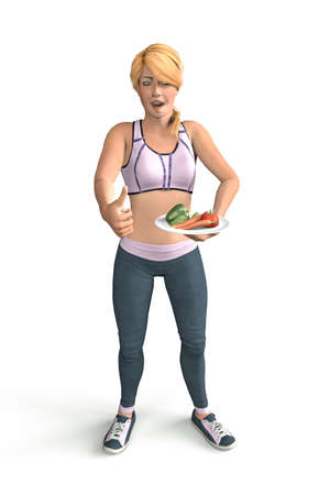 A young blond girl in a fitness outfit stands with a plate of vegetables in her hand - with her other hand she makes an OK gesture - isolated on white background - 3d illustrationの写真素材