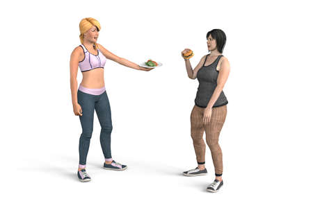 The girl tries to eat a hamburger and her friend pulls her a plate of vegetables and persuades her to eat healthy - isolated on white background - 3D Illustrationの写真素材