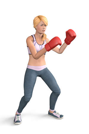 Young blonde girl with a menacing expression trains boxing - isolated on white background - 3d illustrationの写真素材