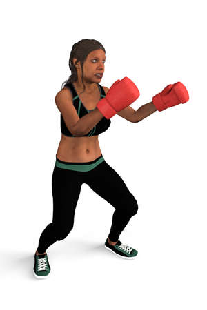 Black woman trains boxing - isolated on white background - 3d illustrationの写真素材