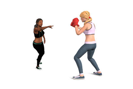 Two women before the fight - A blonde woman ready to fight with boxing gloves and a black woman stands in front of her with outstretched finger, warning her - isolated on white - 3d illustrationの写真素材