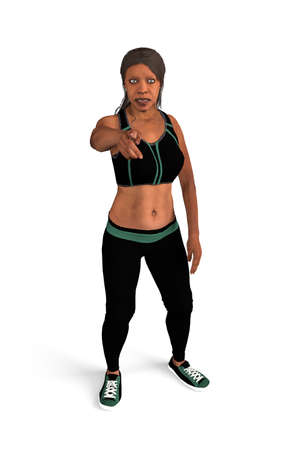 A black woman with a menacing expression on her face points her finger straight at the camera - isolated on white background - 3D Illustrationの写真素材