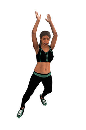 A black woman in a fitness outfit is jumping down - isolated on white background - 3d illustrationの写真素材