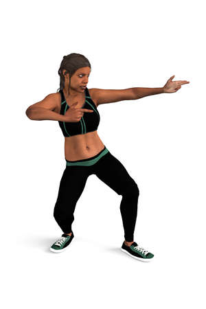 A black woman in a fitness outfit with a pointing gesture - isolated on white background - 3d illustrationの写真素材