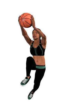 A black woman plays basketball and jumps upwards with a ball - isolated on white background - 3d illustrationの写真素材