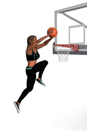 Black woman playing basketball - jumps up and throws the ball into the basket - isolated on white background - 3d illustrationの写真素材