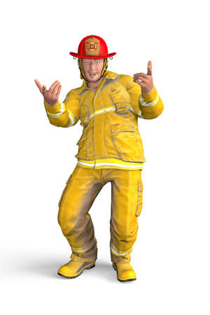 Smiling firefighter stands and shows the pointing gesture with his hands - isolated on white background - 3D Illustrationの写真素材