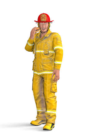 A smiling firefighter stands with a hamburger in his hand and looks straight into the camera - isolated on white background - 3d illustrationの写真素材