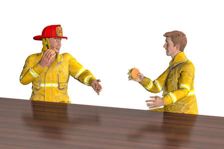 Two firefighter friends are sitting in a fast food restaurant eating burgers and talking to each other - isolated on white background - 3d illustrationの写真素材