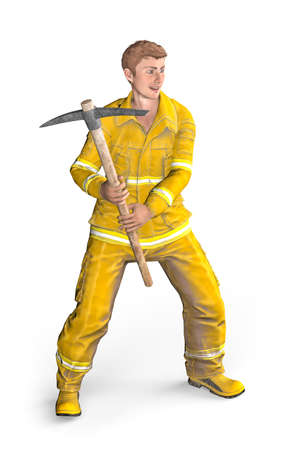 Fireman with Pickaxe - A man dressed as a fireman stands with a pickaxe and poses for a photo - isolated on white background - 3d illustrationの写真素材