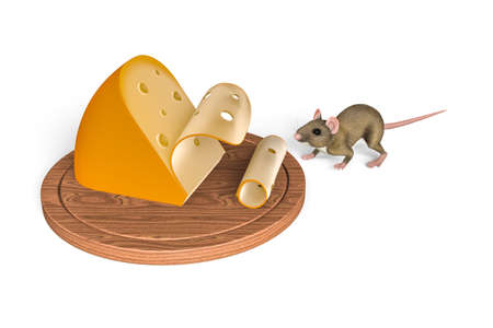 A mouse sneaks into a wooden plate with cheese - isolated on white backgroundの写真素材