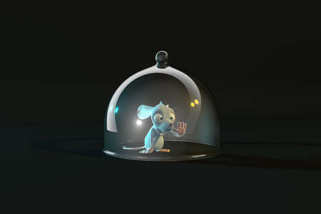 A fairy-tale mouse trapped under a glass lid on a graphite green gradient background - 3d illustrationの写真素材