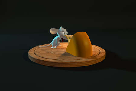A fairy-tale mouse on a wooden plate with cheese on a dark graphite green gradient background - 3d illustrationの写真素材