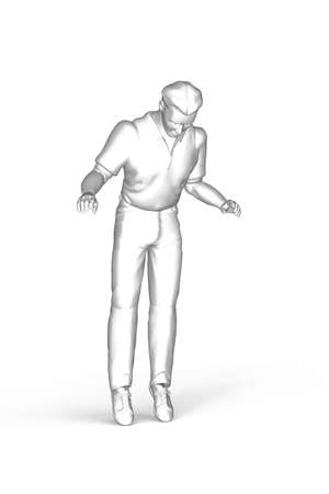 A man standing on tiptoes at the edge of a roof, cliff or precipice looks down - black and white graphics on a white background - 3D illustrationの写真素材