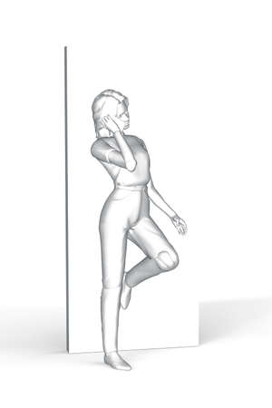 A woman is leaning against the wall and talking on the phone - black and white artwork on white background - 3D Illustrationの写真素材