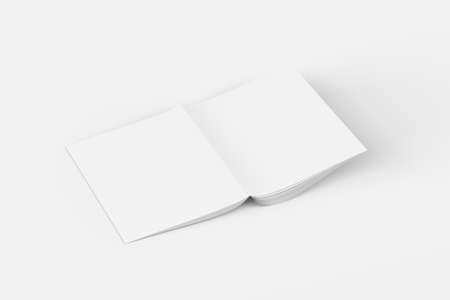 Blank open magazine in A4 size on white background - Open magazine stacked with its cover up - Mockup - 3D illustrationの写真素材