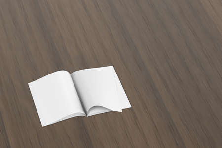 Blank open magazine in A4 format on dark brown walnut desk top with space for text - mockup - 3D illustrationの写真素材