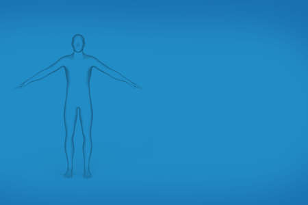 Silhouette of a standing man with outstretched arms - black and white graphic on a blue gradient background with space for text on the right - 3D illustrationの写真素材