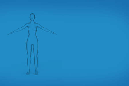 Silhouette of a standing woman with outstretched arms - black and white graphic on a blue gradient background with space for text on the right - 3D illustrationの写真素材