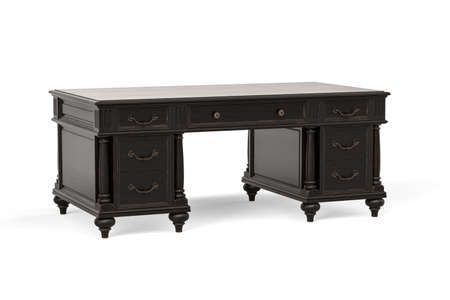 Stylish dark brown wood office desk in retro style isolated on white background - 3d renderの写真素材