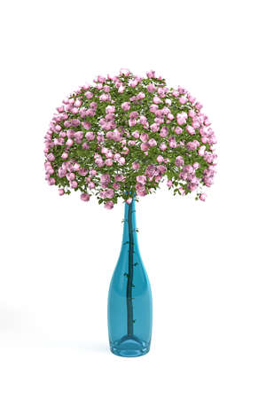 Bouquet of pink roses in a glass blue round vase isolated on a white background - 3D renderの写真素材
