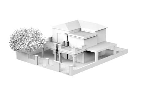 Home mockup with garden, trees and fence on white background with space for text - 3D renderの写真素材