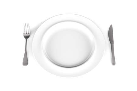 White plate with cutlery isolated on white background - 3d renderの写真素材