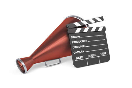 Old red tin megaphone and clapperboard isolated on white background - 3d renderの写真素材