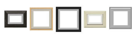 Photo frames mockup on white background - set of five photo frames with space for graphics - top view - copy space - 3d renderの写真素材