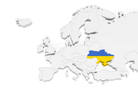 3D Europe map with marked borders - area of Ukraine marked with Ukraine flag - isolated on white background with space for text - 3D illustrationの写真素材