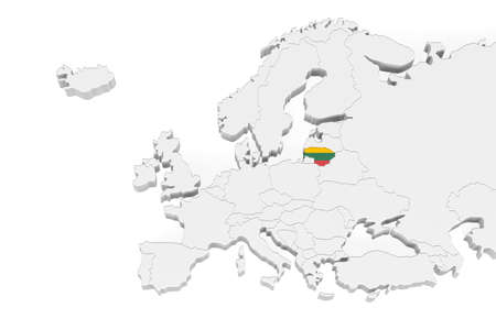 3D Europe map with marked borders - area of Lithuania marked with Lithuania flag - isolated on white background with space for text - 3D illustrationの写真素材
