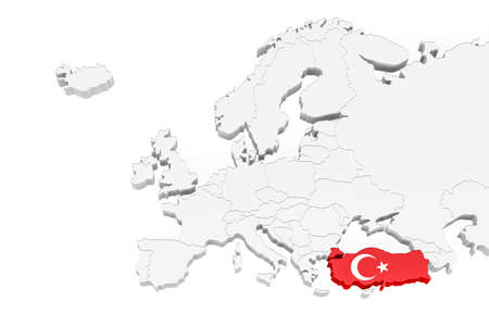 3D Europe map with marked borders - area of Turkey marked with Turkey flag - isolated on white background with space for text - 3D illustrationの写真素材