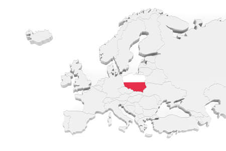 3D Europe map with marked borders - area of Poland marked with Poland flag - isolated on white background with space for text - 3D illustrationの写真素材