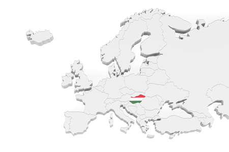 3D Europe map with marked borders - area of Hungary marked with Hungary flag - isolated on white background with space for text - 3D illustrationの写真素材