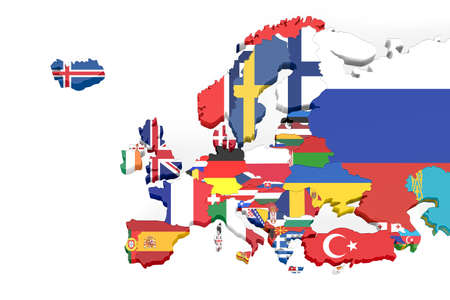 Europe 3d map with borders marked - each country on the map marked with its own flag - isolated on white - 3D Illustrationの写真素材