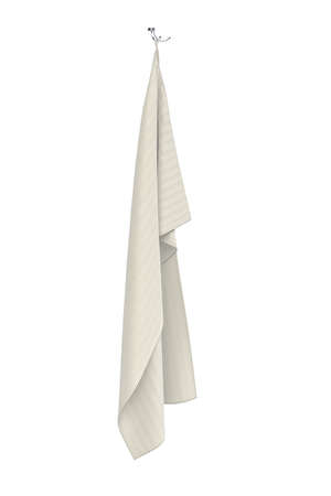 Cream colored towel hanging on a metal double handle on a white background 3d - 3d renderの写真素材