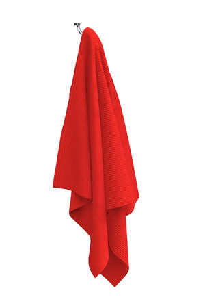 Red colored towel hanging on a metal double handle on a white background 3d - 3d renderの写真素材