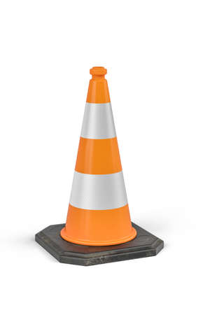 An orange traffic cone with reflective stripes on a white background - 3d renderの写真素材