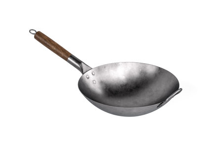 Chinese food frying pan - wok pan with wooden handle isolated on white background - 3d renderの写真素材