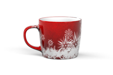 Christmas mug - red porcelain coffee or tea mug with Christmas artwork - 3d renderの写真素材