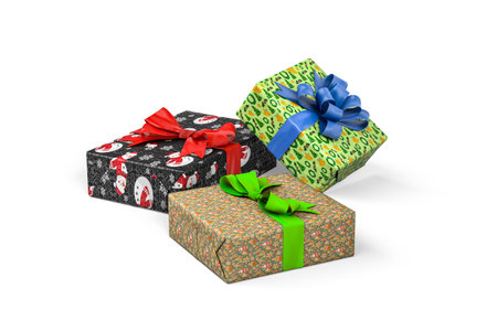 Christmas gifts - three cardboard boxes wrapped in paper with Christmas theme on white background - copy space - 3D renderの写真素材